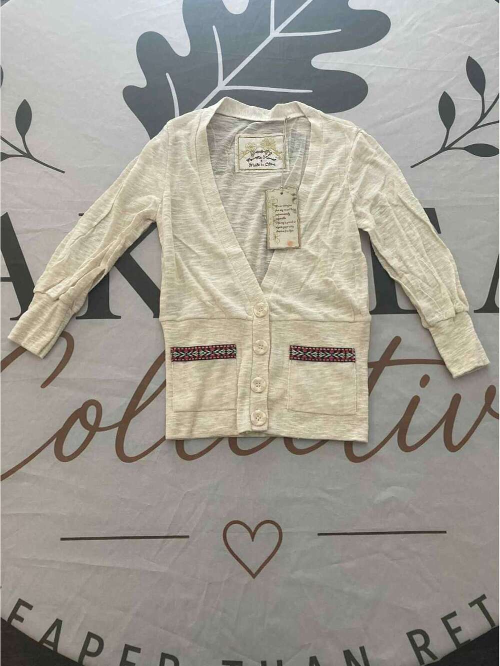 Women's Beige Button-Up Cardigan with Embroidered Pockets, Size Small